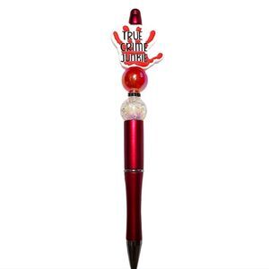 True Crime Junkie Handprint Red White Silicone Rhinestone Bling Beaded Pen